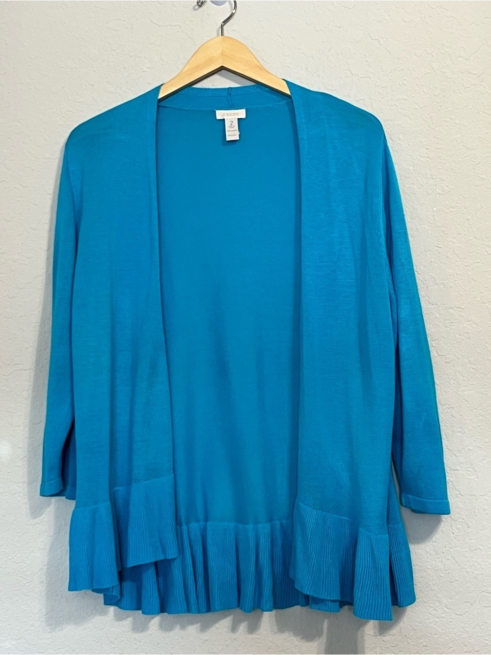 Chico’s Size 2 Turquoise Blue Open Front Ruffle Hem Cardigan Lightweight Rayon L